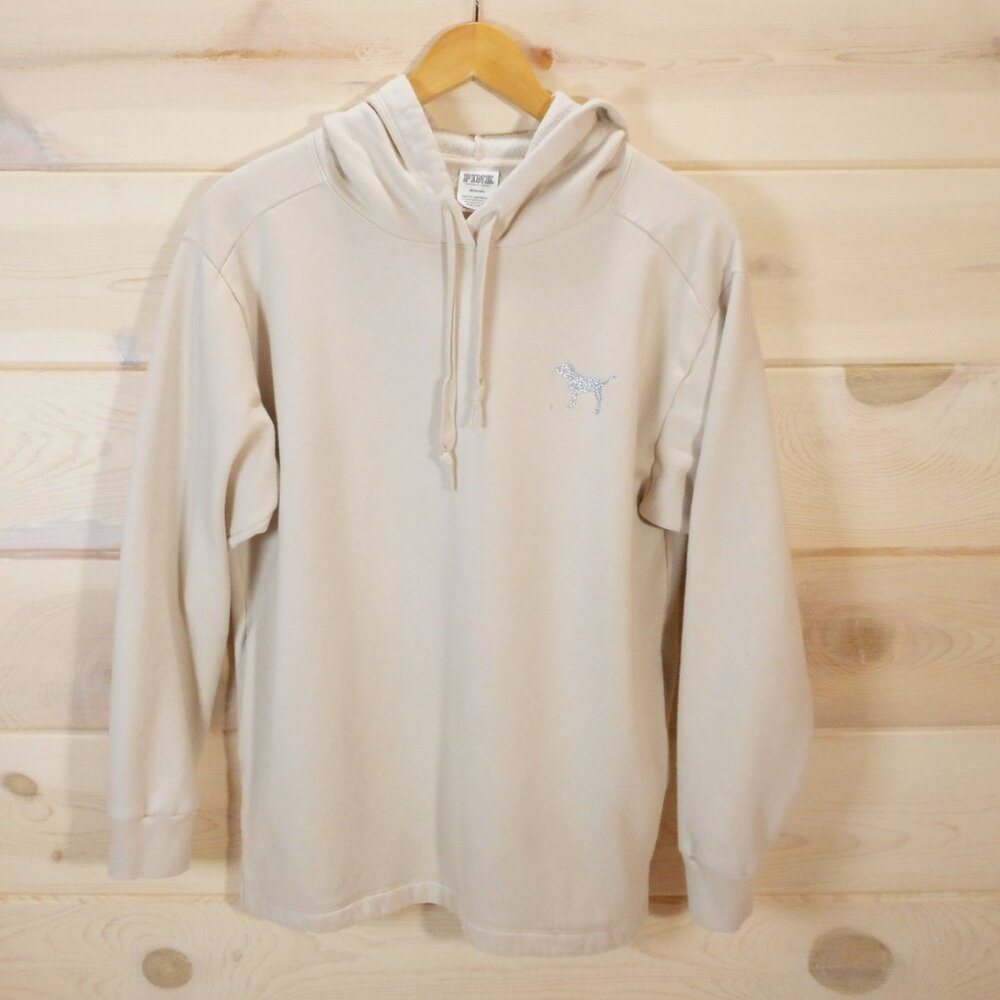 Victoria's Secret PINK M Pullover Hoodie Beige Silver Classic Logo Campus Lounge